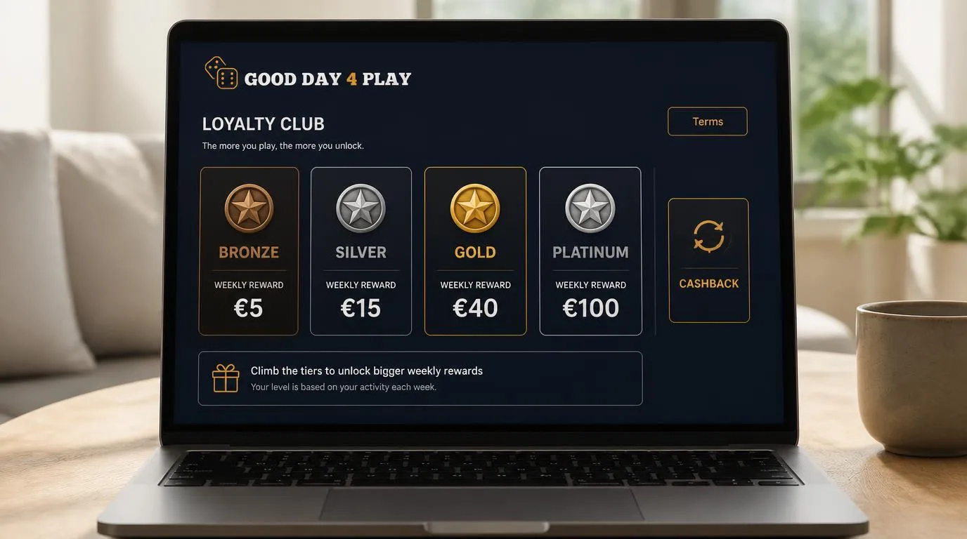 Panel promocji kasyna z poziomami Bronze, Silver, Gold i Platinum oraz tygodniowymi nagrodami