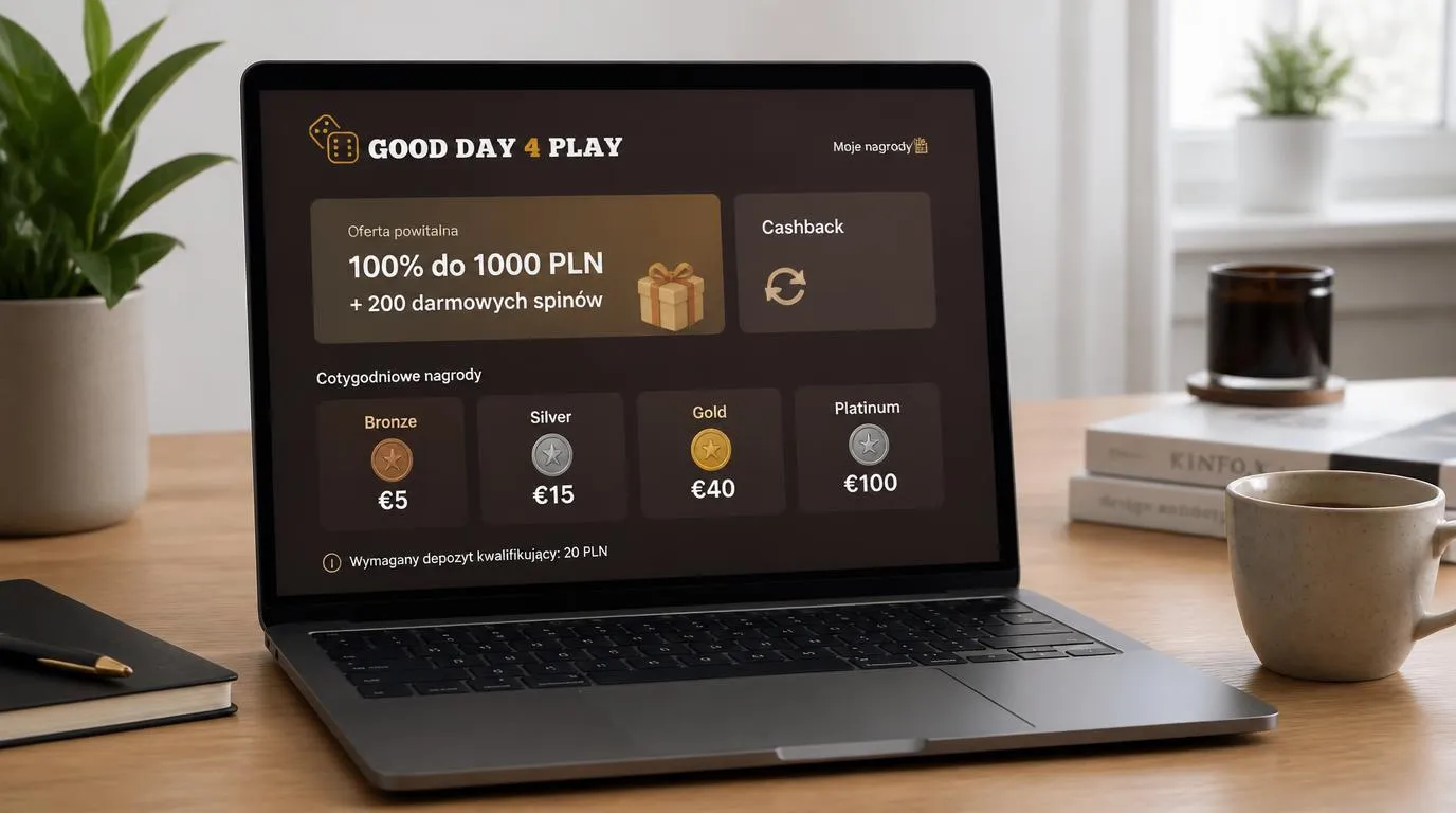 Zestawienie bonusu powitalnego i czterech poziomów nagród tygodniowych na ekranie laptopa
